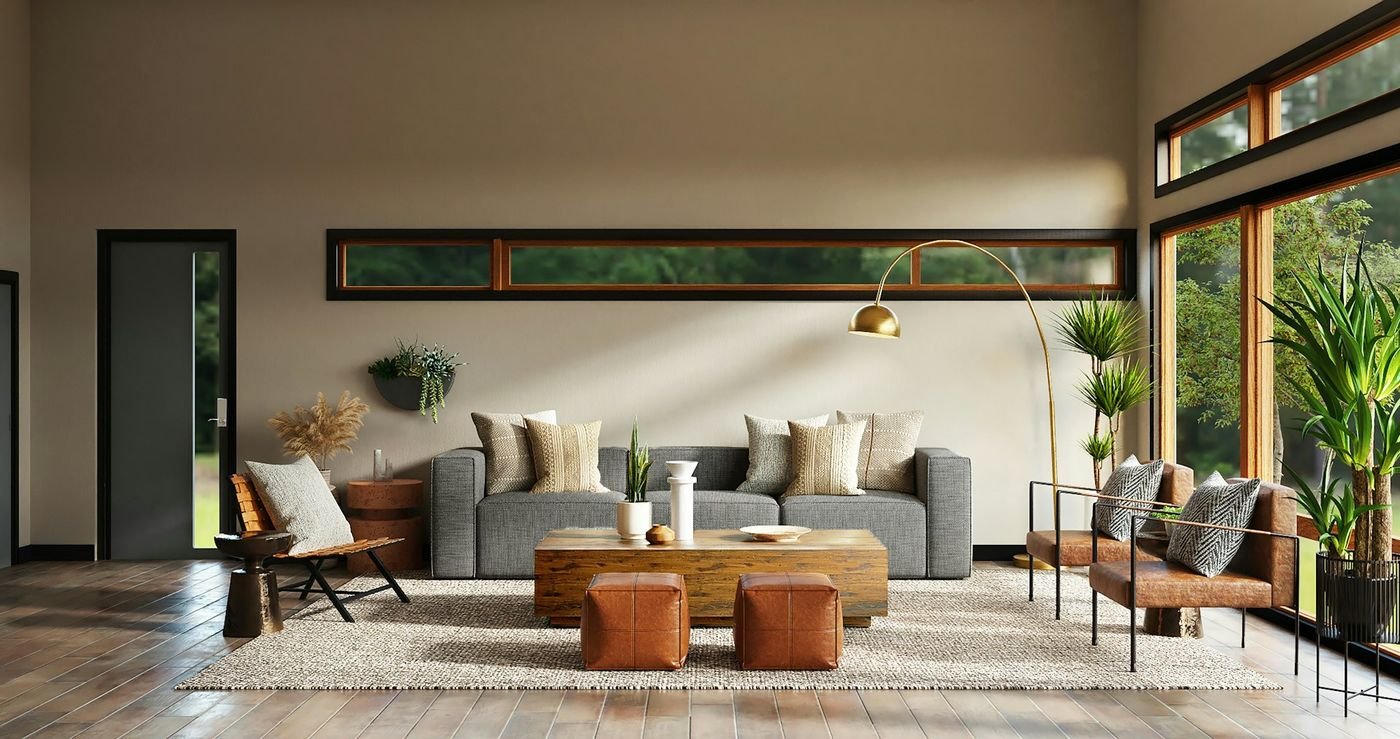 An elegant open interior with layered seating, warm wood and natural light